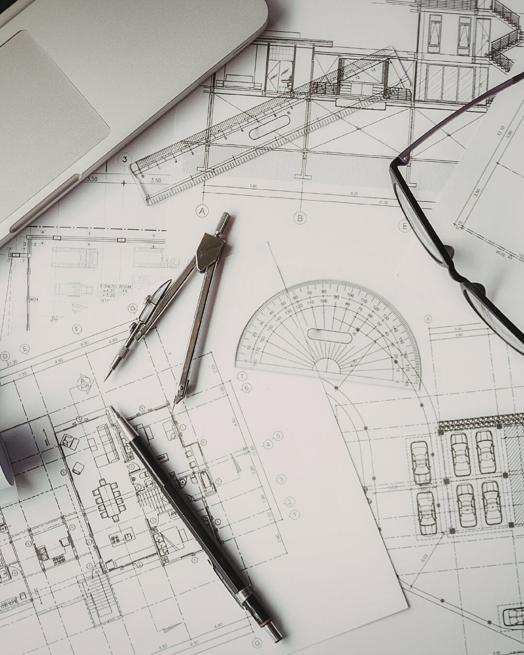 Drafting tools on architectural blueprints