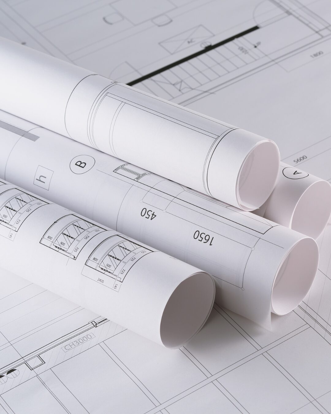 Rolled architectural blueprints for house plans