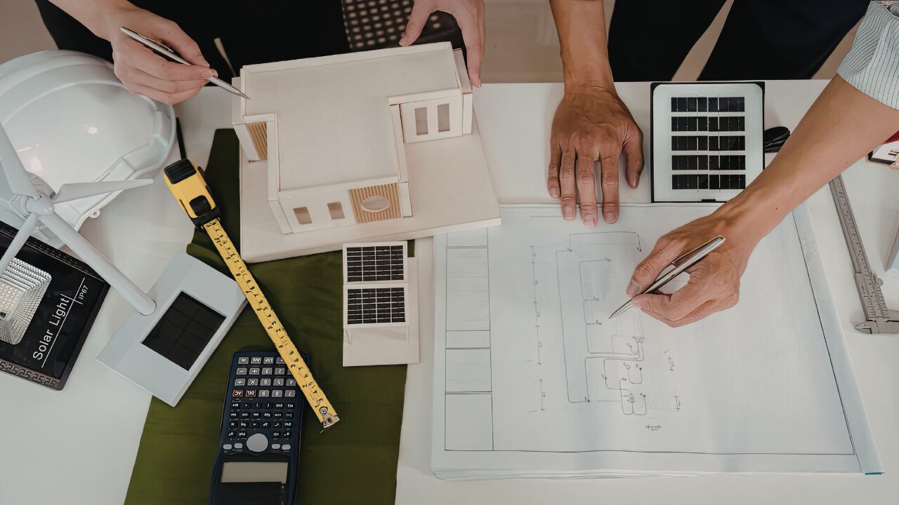 Architectural design session reviewing building drawings